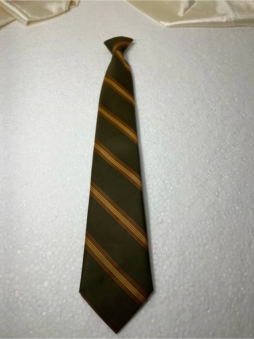 Men’s Striped Clip-On Necktie – Olive Green, Brown & Gold